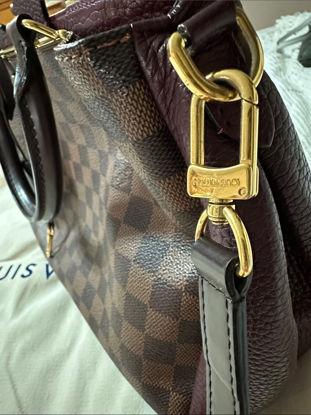 Louis Vuitton Damier Ebene Satchel with Dark Brown and Burgundy Trim